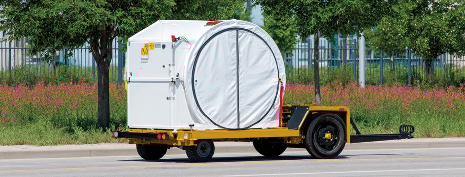A white trailer with a large white cover on it photo