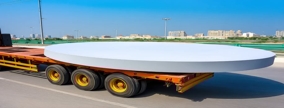 A truck carrying a large round object down a road photo