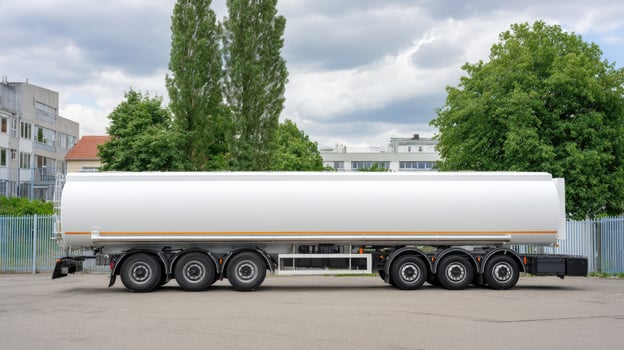 A large white tanker truck parked in front of a building photo
