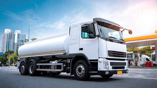 A white tanker truck driving down a road photo