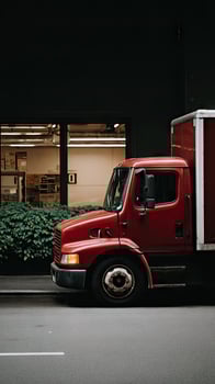 A red truck is parked in front of a building photo