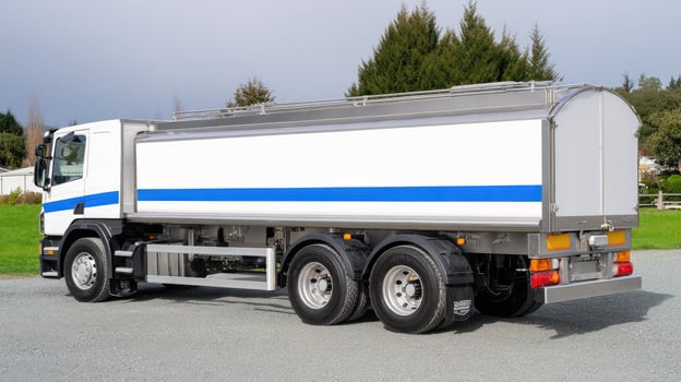 A white and blue tanker truck parked on the road photo