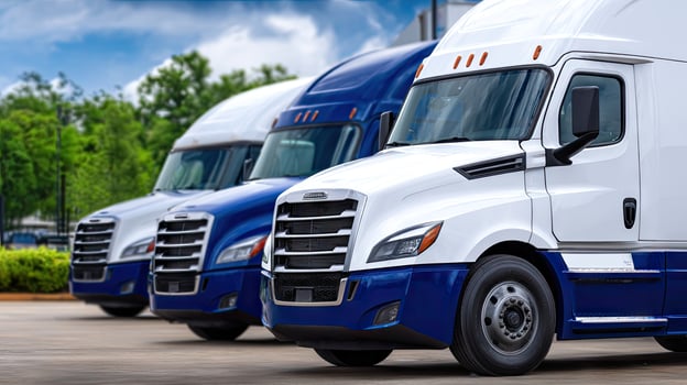 Three semi trucks are parked in a row photo