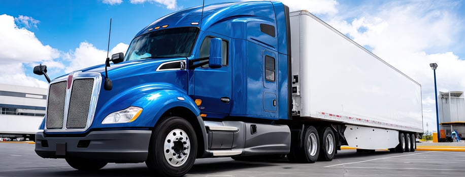 A blue semi truck parked in a parking lot photo