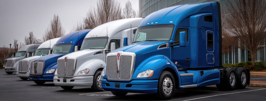 A row of blue and white semi trucks parked in a parking lot photo