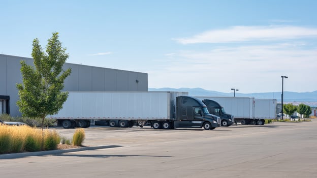 A large warehouse with several trucks parked in front of it photo