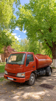 A red tanker truck parked on a brick road photo