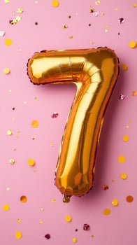 Golden numeral seven hovering against pastel pink, scattered confetti marking joyful seventh birthday celebration photo
