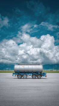 A tanker truck on a tarmac road with a cloudy sky photo
