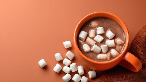 Hot chocolate with marshmallows on orange background photo