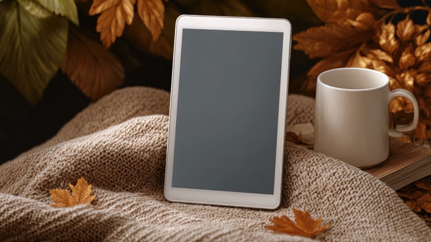 Tablet with blank screen and coffee cup on a blanket photo