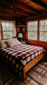 A bedroom with a bed and a window photo
