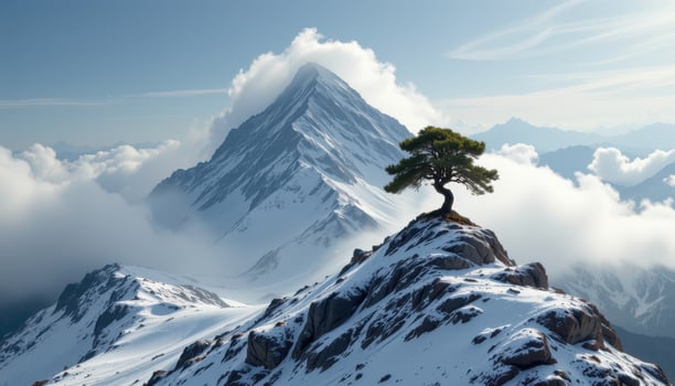 Lone tree on snow covered mountain peak clouds and distant mountain range visible photo
