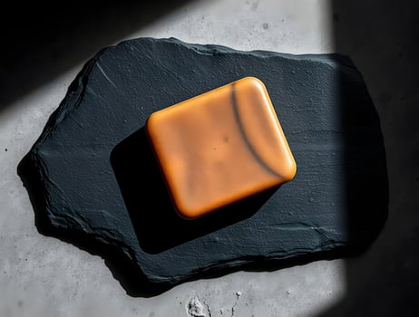 A square of orange soap sitting on a black stone photo