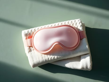 A pink eye mask and a towel on a green surface photo