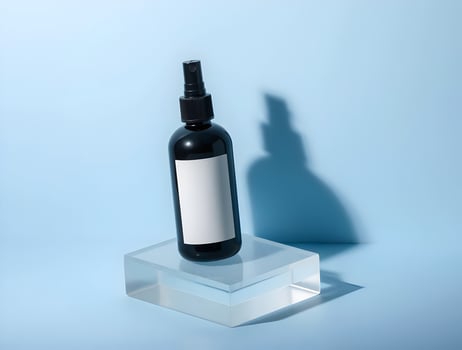 A bottle of spray on a clear stand photo