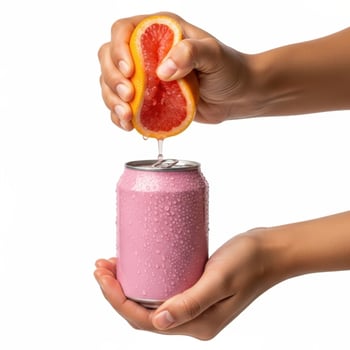 Refreshing Pink Drink A Burst of Grapefruit Zest with a Chilled Soda, Hands Squeezing Citrus Over Icy Pink Soda Can for a Refreshing Twist photo