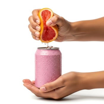 Squeezing a Grapefruit into a Pink Soda Can on a White Background, Adding Fresh Fruit Juice to Soda with a Grapefruit photo