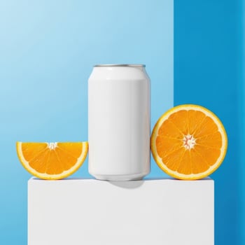 Refreshing Orange Soda Advertisement with Clean Design, Minimalist Orange Drink Promo Featuring White Can and Sliced Citrus Fruit photo
