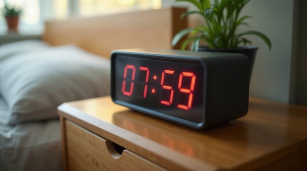 Morning routine concept with a digital alarm clock on a nightstand next to a comfortable bed photo