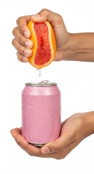 Refreshing Pink Drink with Citrus Infusion, Zesty Grapefruit Juice Drip on a Pink Soda Can for a Fresh Summer Beverage photo
