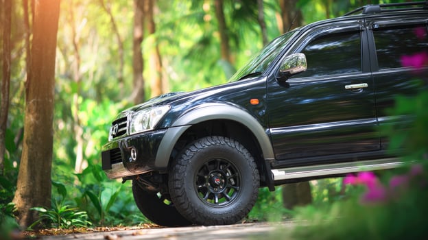 A black suv driving through the woods photo