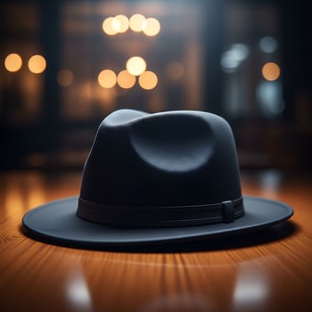 Classic black fedora hat resting on a wooden table with soft bokeh background photo
