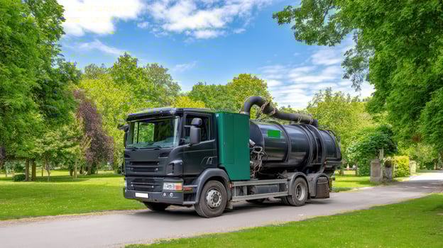 A large green garbage truck driving down a road photo