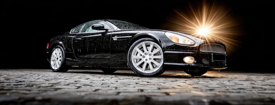 A black car is shown in the dark photo