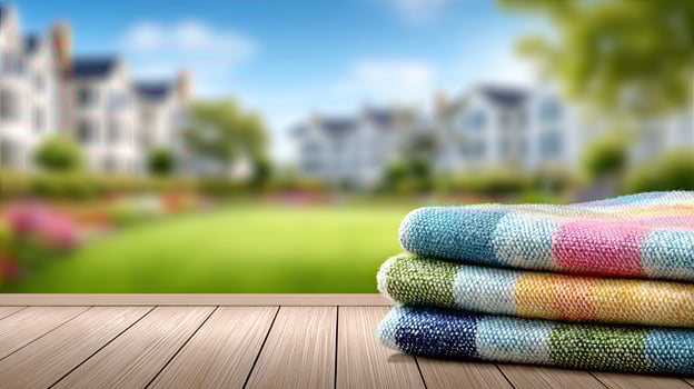 Towels on wooden table with blurred background photo