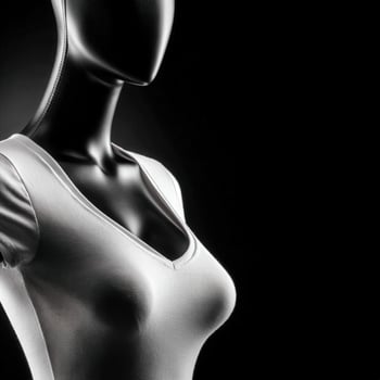 Mannequin torso displays white v-neck shirt on black background photo