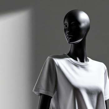 Black Mannequin displaying white t-shirt against neutral backdrop photo