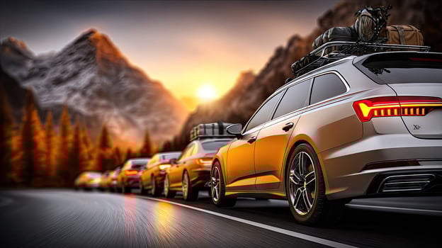 A car is driving down the road with luggage on the roof photo