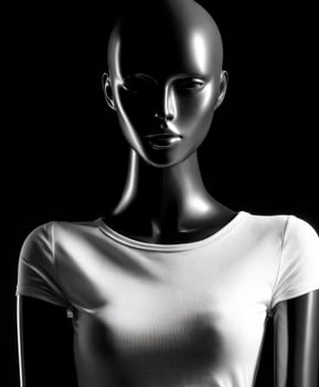 Shiny mannequin displays white t-shirt against black backdrop photo