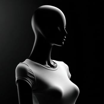 Mannequin wearing a white shirt in studio lighting, side profile photo