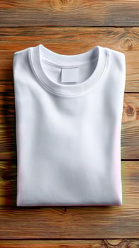 Folded white t-shirt with label on rustic brown wood background photo