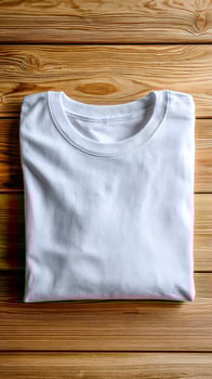 Folded plain white t-shirt resting on wood grain surface photo