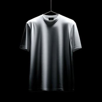 Plain white t-shirt hanging in a dark studio, product shot photo