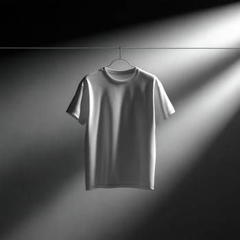 Plain white t-shirt hanging in a spotlight against a gray background photo