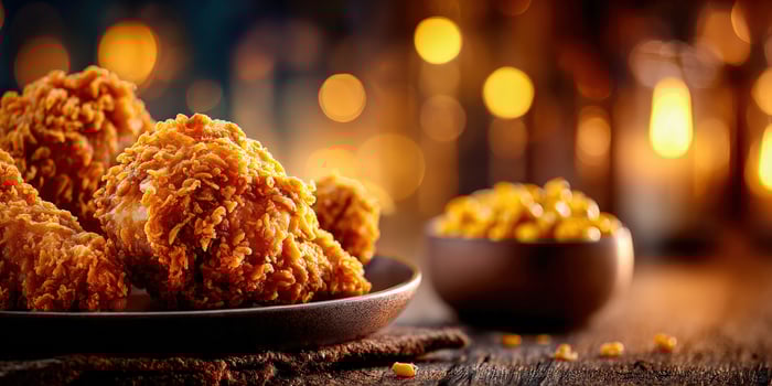 Crispy fried chicken served with corn on a wooden table photo