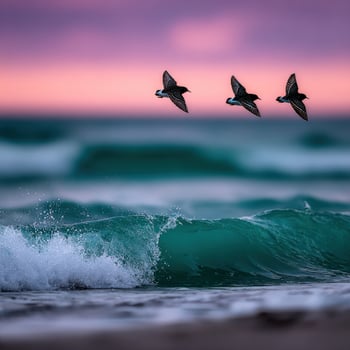 Birds fly over the ocean waves during sunrise in Summer photo
