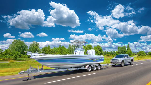 A truck towing a boat on a highway photo