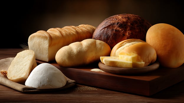Artisanal Bread Displayed with Flour and Butter on Wooden Surface for Baking photo