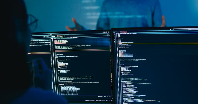 Asia male software developers mentor leader manager talk strategy plan to executive write prompt AI bot IT app program nomad, game, data center. Projecting slideshow code photo
