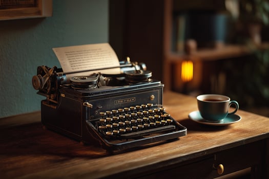 Vintage typewriter on a wooden desk with warm lighting and a coffee cup. A nostalgic and cozy writing atmosphere. photo