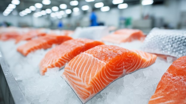 Fresh salmon fillets on ice photo
