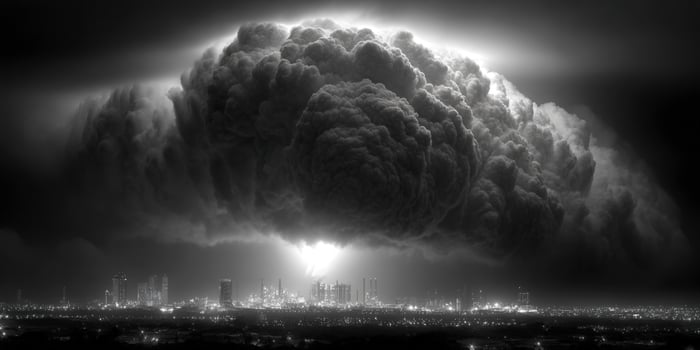 The imposing cloud formation hangs over the city in a monochromatic, captivating view. photo