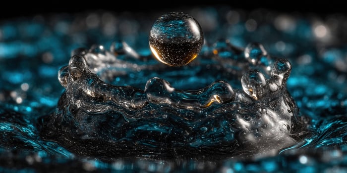 The image showcases a water droplet, creating an elaborate splash and beautiful, dynamic patterns. photo