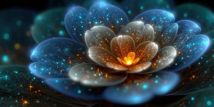 An enchanting flower with glowing blue and orange petals, creating a magical, ethereal scene. photo