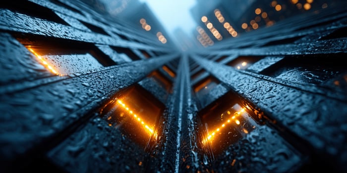 Looking up at a modern building exterior on a rainy night, with a warm glow. photo